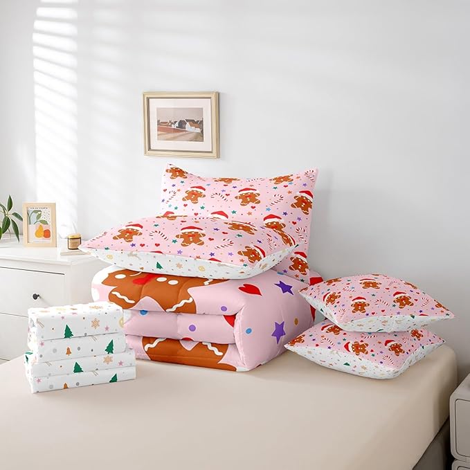 Feelyou Christmas Pink Bed in a Bag Cartoon Christmas Gingerbread Man Comforter Set with Sheets Xmas Theme Bedding Set for Kids Boys Girls Stars Candy Bed Set Decor Queen Size
