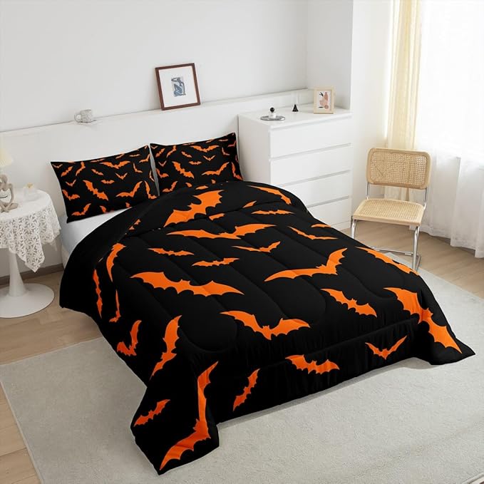 Erosebridal Happy Halloween Quilt Full Size for Kids Boys Bats Animal Silhouette Comforter Set Orange Bats Animal Bedding Set Gothic Spooky Down Comforter with 2 Pillow Cases