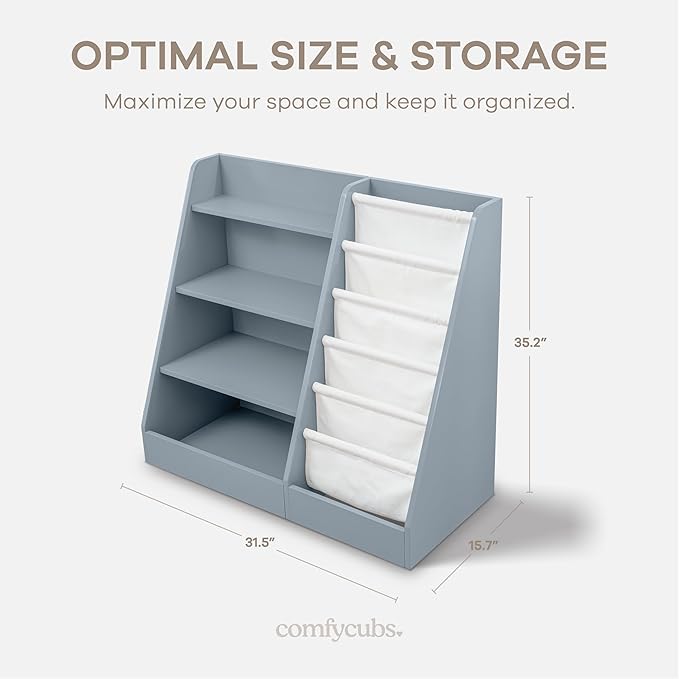 Comfy Cubs Kids Bookshelf 35.2 x 15.7 x 31.5 Inches - Sturdy MDF Montessori Book Shelf with Soft & Hard Shelves for Toys & Books - Child-Friendly, Easy Access Storage Organizer for Kids - Blue
