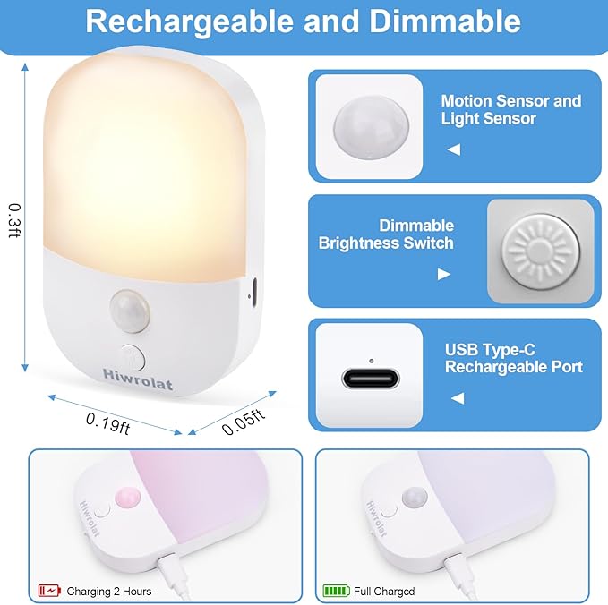 Night Light with Auto Motion Sensor, Rechargeable Battery, Type-C LED Stick-On Stair Lights with Twilight Sensor, Adjustable Brightness, Warm White for Wall, Hallway, Stairs, Cabinet (2 Pack)