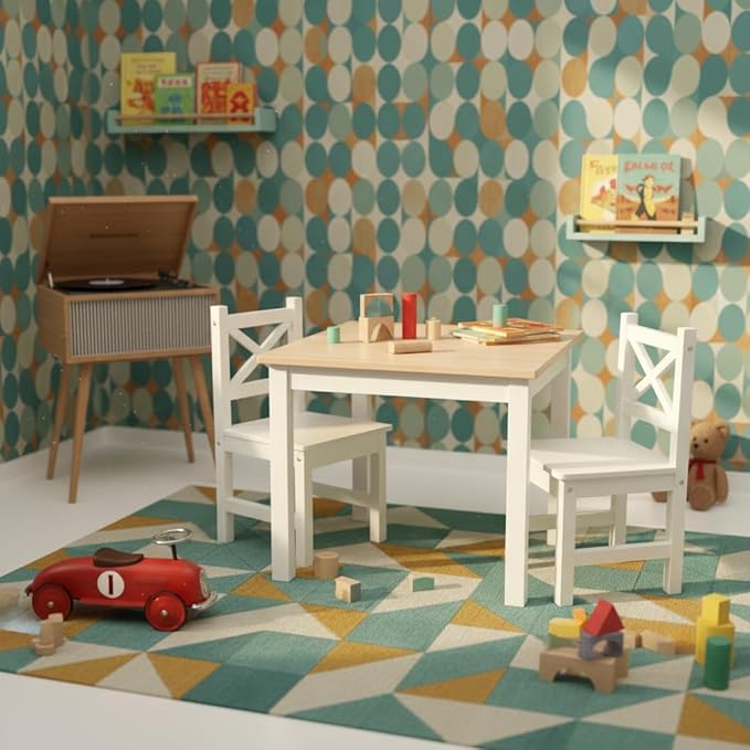 PETIT BATEAU Solid Wood Kids Table and 2 Chairs Set,Montessori Modern AMMEHOELA Irish Designer for 2-8 Years Toddler,SereneWhite Gift