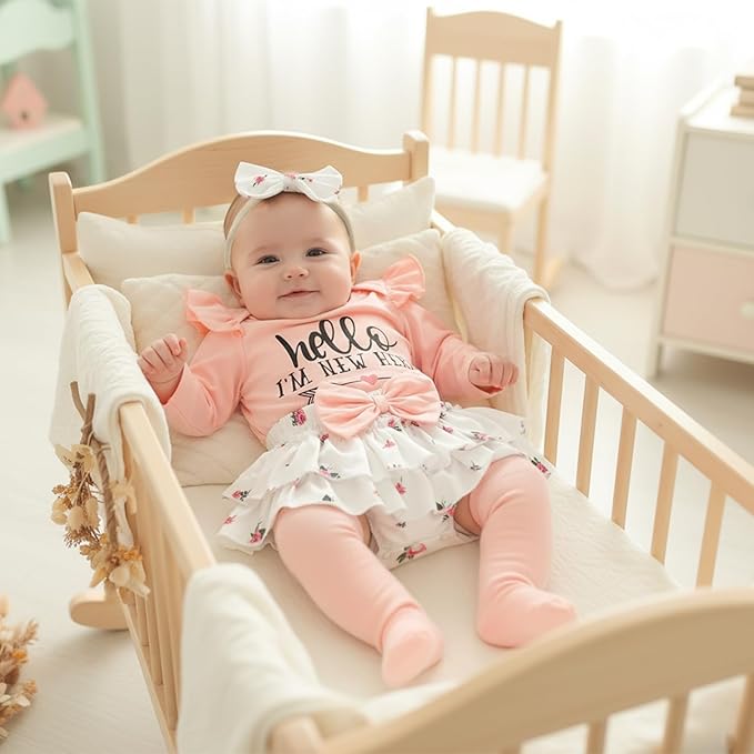 Newborn Baby Girl Clothes Hello I'm New Here Romper Ruffle Shorts Tutu Skirt Set Cute Infant Coming Home Outfits