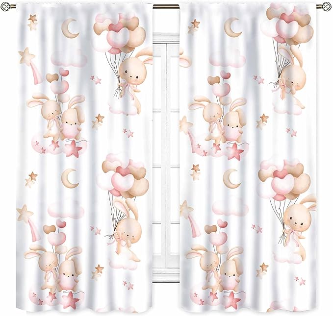 Rabbits Curtains, Kids Boys Girls Cartoon Cute Lovely Animals Moon Cloud Ballon Pastel Pink Window Drapery Treatments for Baby Living Room Bedroom Nursey Toddler 2 Panels, 42"x54" Inch