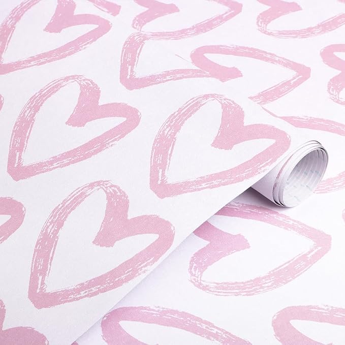 Timeet Pink Heart Wallpaper Peel and Stick Wallpaper Modern Wallpaper Pink White Contact Paper 17.7"x393.7" Self Adhesive Removable Wallpaper for Bedroom Kids Room Wall Decor