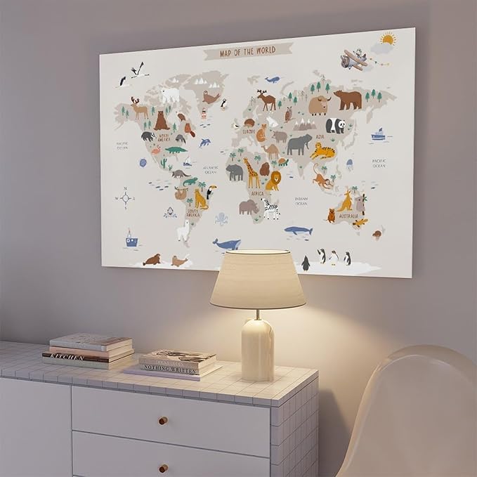 KIPNG Kids World Map - Playroom Animal World Map - Nursery Educational Poster Canvas Poster Wall Art Picture Paintings for Living Room Bedroom Decoration Unframe-style24x36inch(60x90cm)