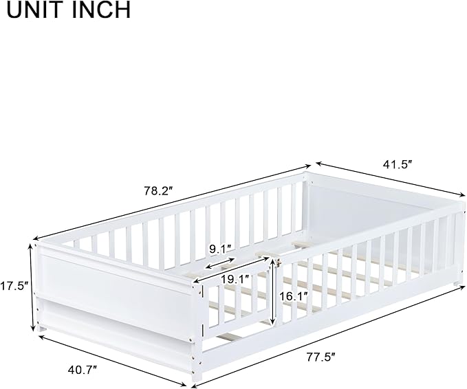 Twin Size Kids Montessori Floor Bed with Door,Twin Floor Bed Frame with Slats and Bookcase,Solid Wood Montessori Bed for Girls Boys,White