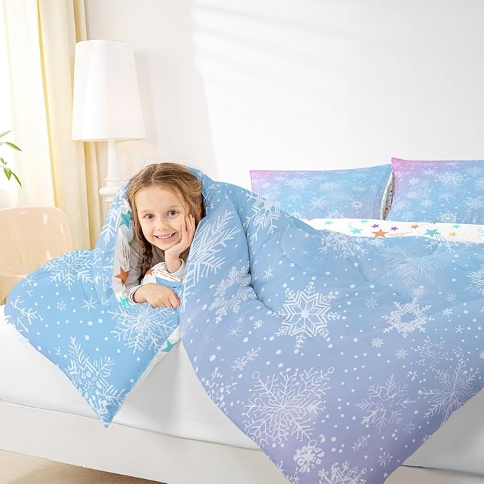 Feelyou Christmas Comforter Set All Season Winter Snowflake Bedding Set with 1 Pillow Cases Blue Purple Gradient Microfiber Kids Twin Bedclothes Bedroom Decor Duvet Quilt Breathable Soft Lightweight