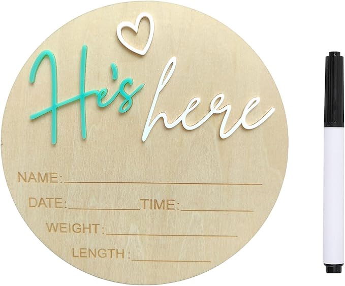 Baby Announcement Sign, 5.9 Inch Wooden Hello World Newborn Signs, Birth Announcement Sign, Gender Reveal Signs, He's here Decoration, Welcome Newborn Arrival To World, Hospital Nursery for Baby (Green He's)
