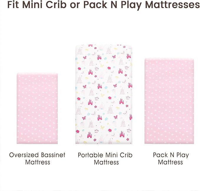 PHF Soft Mini Crib Sheet Set, 2 Pack Silky Comfy Pack N Play Sheets for Boys Girls, Universal Fit for Pack N Play, Playard and Mini Crib Mattresses, Castle