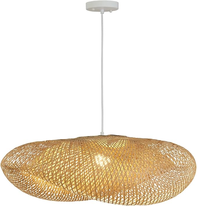 Bamboo Chandelier 32.25 Inch Extra Large Rattan Chandelier, Hand Woven Bamboo Rattan Pendant Lights Wicker Hanging Light Fixture with Adjustable Height for Kitchen Island Living Room Dining Room Bar
