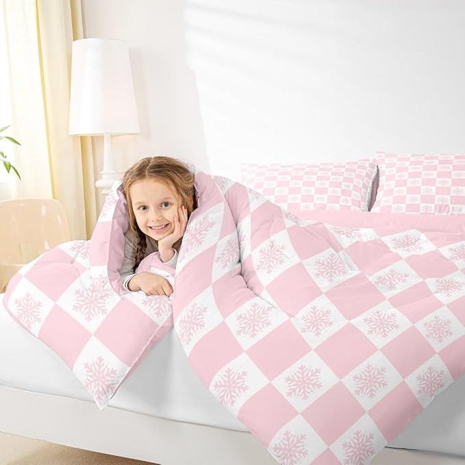 Feelyou Christmas Kids Comforter Set Queen Size Checkered Bedding Set Snowflake Duvet Quilt for Kids Boys Girls Bedroom Xmas Decorations Decor Pink Microfiber Ultra Soft Breathable
