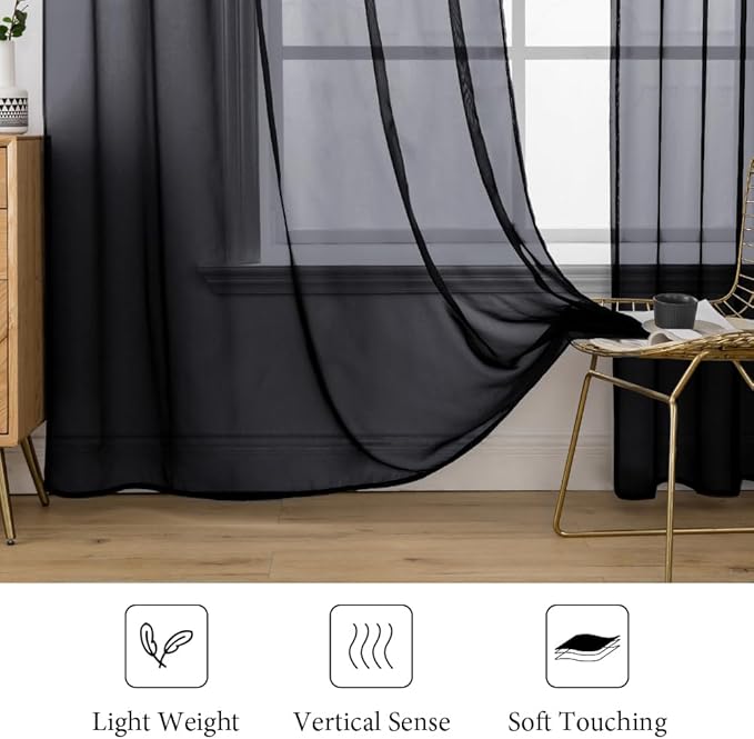 MIULEE 2 Panels Solid Color Sheer Window Curtains Elegant Halloween Window Voile Panels/Drapes/Treatment for Bedroom Living Room (54X45 Inches Black)