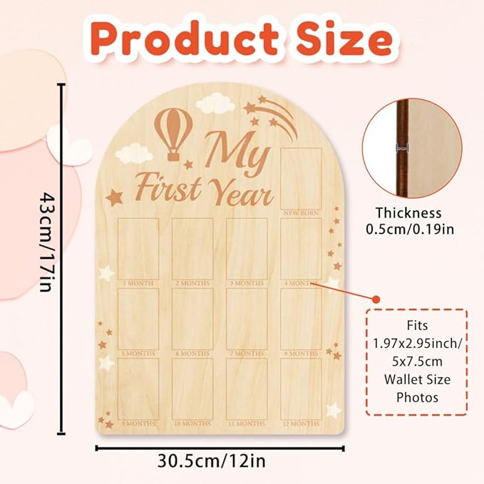 ORIGACH My First Year Baby Growth Photo Display Wood Board - 12 Months Newborn Milestones Picture Frame - Neutral Baby Keepsake Board 1st Birthday Party Nursery Decor New Mom Gift - Hot Air Balloon