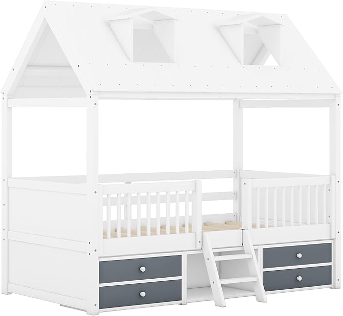 Merax Wood Montessori House Bed Frame with Roof and Windows for Boys Girls Teens, Twin Kids Playhouse Bed with Guardrails and Storage Drawers for Children's Room, Bedroom, Wood Slats Support, White