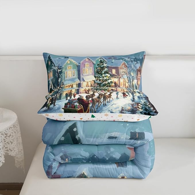 Feelyou Watercolor Christmas Comforter Set Twin Size Santa Claus Bedding Set for Kids Boys Girls Reindeer Sled Duvet Quilt Xmas Tree Bedroom Decor Microfiber 2 Pcs with 1 Pillow Cases