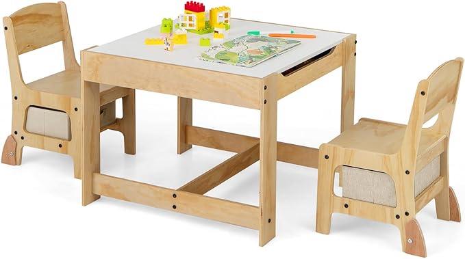 Costzon Kids Table and Chairs, 3 in 1 Wooden Activity Desk Set w/Double-Sided Tabletop, Storage Drawers and Reinforced Design for Drawing, Reading & Playing, Toddler Table and Chair Set (Beige)