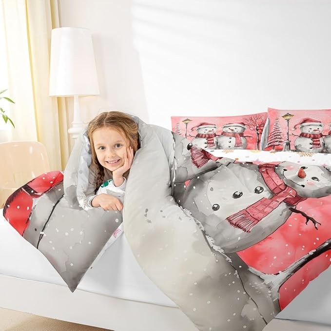 Feelyou Christmas Bedding Set Soft for Boys Girls, Pink Watercolor Snowman Comforter Set Queen Size Xmas Winter Duvet Quilt Microfiber Snowflake Bedroom Decor 3 Pcs with 2 Pillow Cases