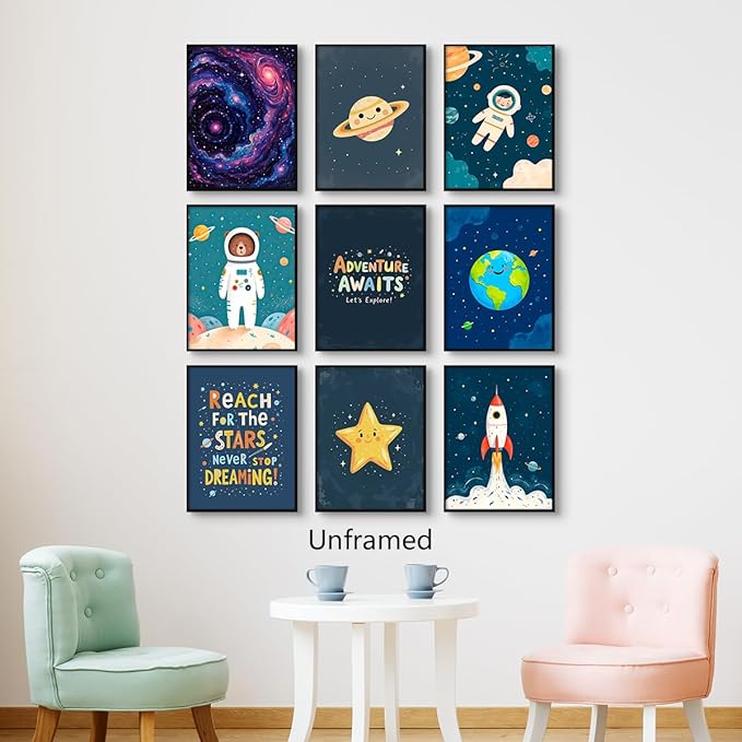 9 Pieces Outer Space Theme Nursery Canvas Wall Art, Charming Bear Astronaut Planets Rocket Poster for Kids Room, Baby Boys Playroom Bedroom Stars Cosmos Picture Print 8x12in Unframed