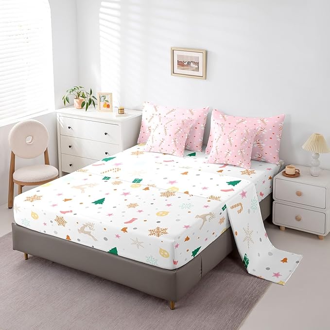 Feelyou Pink Christmas Girly Comforter Set with Sheets Kids Christmas Bowknot Bedding Set Boys Girls Bow Candy Decor Bed in a Bag Xmas Theme Bed Set Bedroom King Size