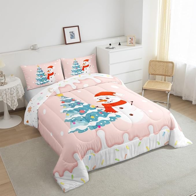 Castle Fairy Cartoon Christmas Comforter Set King Size,Xmas Cute Snowman Pine Trees Bedding Set All Season Quilt Set,Pink Cream Candy Girly Funny Microfiber Polyester Down Comforter