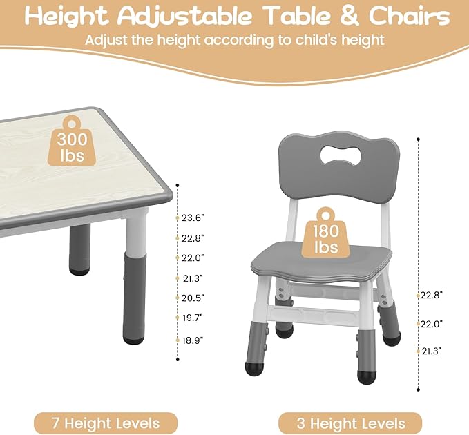 Kids Table and 4 Chairs Set, Height Adjustable Toddler Table and Chairs Set for Ages 2-10, Graffiti Desktop, Non-Slip Legs, Arts & Crafts Table, Children Activity Table for Daycare Classroom Home