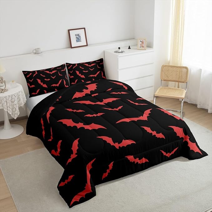 Erosebridal Bat Bedding Set Halloween Comforter Set with 1 Pillow Case Red Bats Animals Quilt Twin Size for Kids Boys Bedroom Holiday Gothic Spooky Style Quilt
