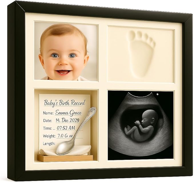 Baby Handprint or Footprint Kit – 4-Grid Clay Keepsake Frame with Baby Photo Display – Newborn Nursery Gift for New Moms, Baby Shower & First Memories