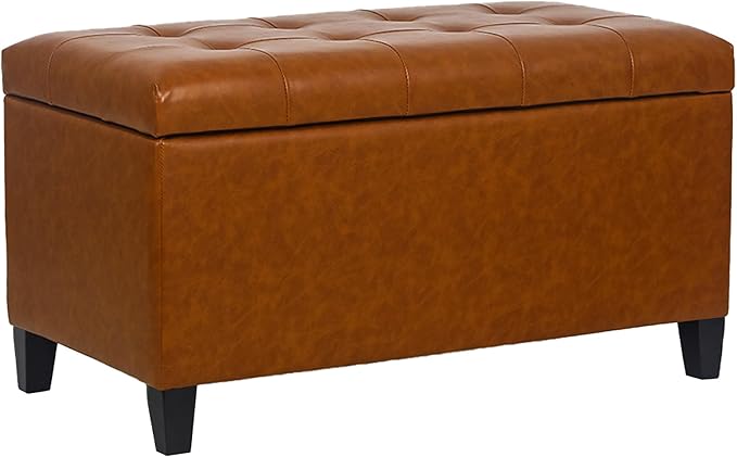 Asense Storage Ottoman Bench, Faux Leather Upholstered End of Bed Bench with Safety Hinge Wooden Legs, for Entryway Bedroom (Reddish Brown, 33.3")