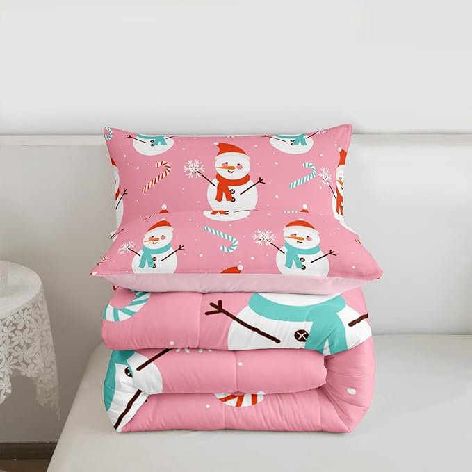 Feelyou Pink Christmas Bedding Set Soft for Boys Girls, Snowman Comforter Set Toddler Size Snowflake Duvet Quilt Microfiber Candy Cane Bedroom Decor 2 Pcs with 1 Pillow Cases