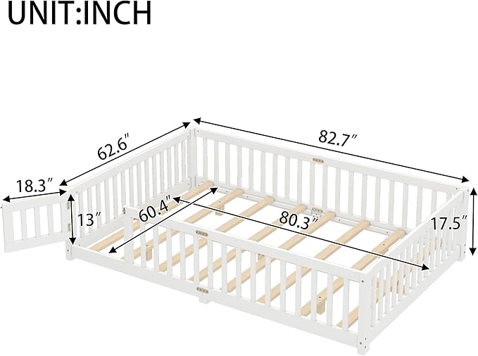 Bellemave Queen Size Floor Bed with Rails for Kids, Girls, Boys, Pine,Plywood Floor Bed with slats and Door, White