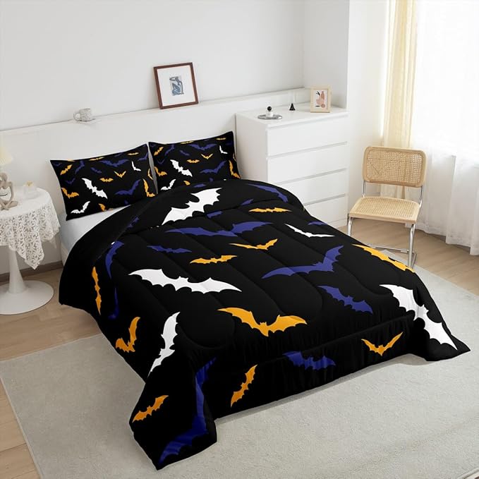 Erosebridal Bat Comforter Set Toddler Size for Kids Boys Happy Halloween Decor Quilt with 1 Pillow Case Bats Animal Silhouette Bedding Set Gothic Spooky White Duvet Insert,Orange