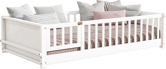 Floor Bed with Rails and Door Twin Size, Wood Montessori Floor Bed with Storage Bookcase, Kids Bed Frame with Fence for Boys Girls, White