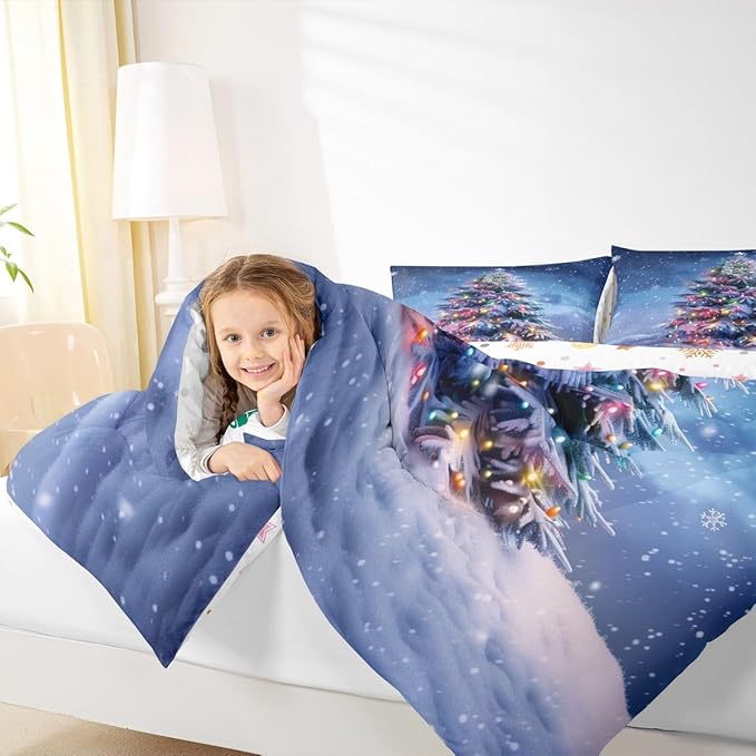 Feelyou Christmas Comforter Set All Season Xmas Tree Bedding Set with 2 Pillow Cases Colored Light Strips Microfiber Kids Queen Bedclothes Snowflake Bedroom Decor Duvet Quilt Breathable Soft