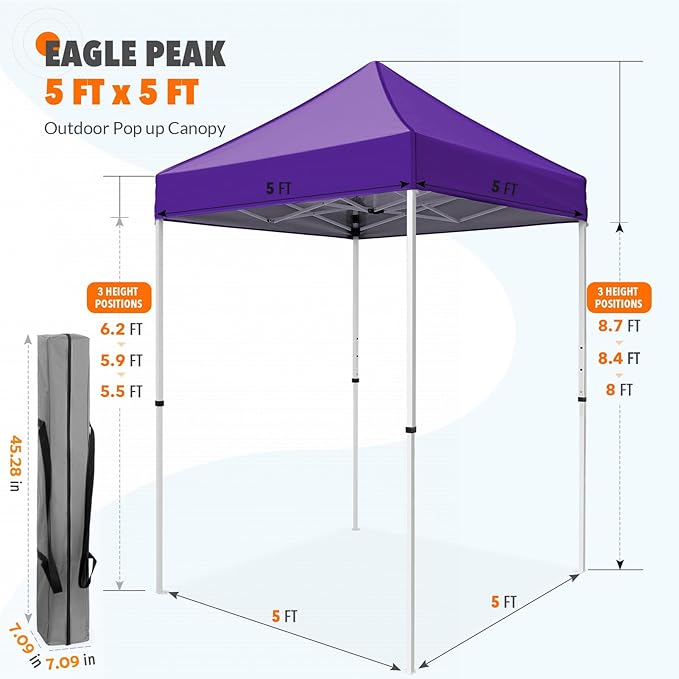 EAGLE PEAK 5x5 Pop Up Canopy Tent Instant Outdoor Canopy Easy Set-up Straight Leg Folding Shelter, Purple