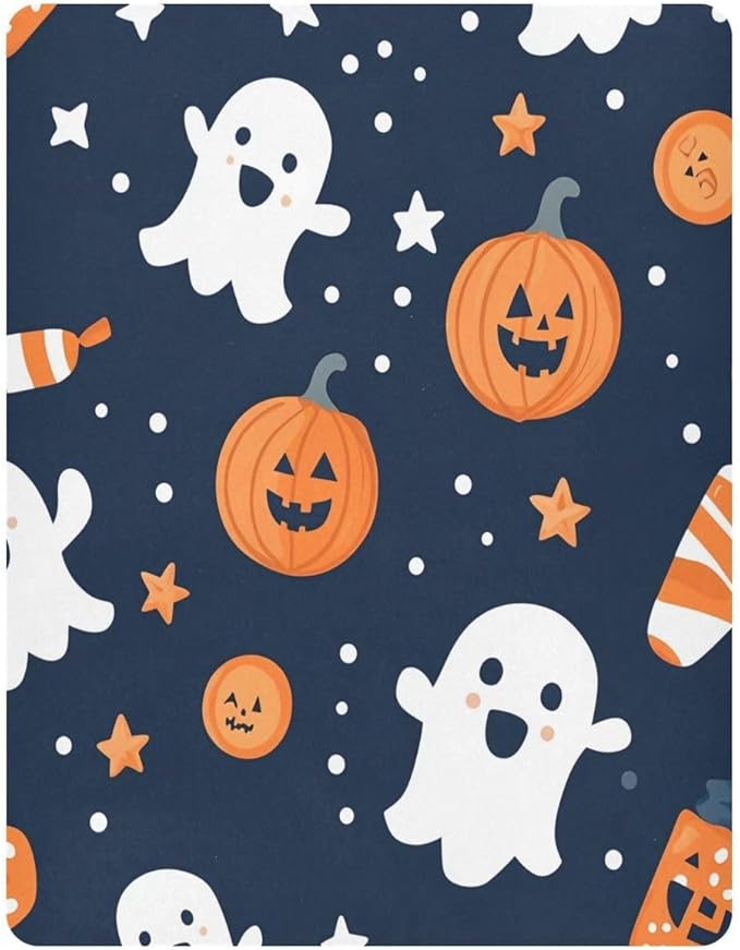 Crib Sheet, Unisex Crib Sheet, Soft and Comfortable for Standard Crib and Toddler Mattress, Ghosts and Halloween Pumpkins
