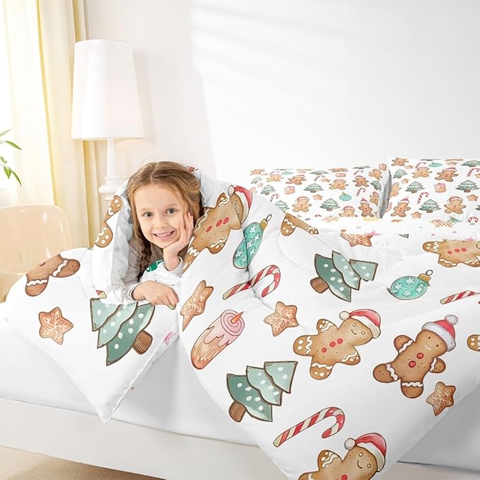 Feelyou Pink Gingerbread Comforter Set Queen Size Christmas Bedding Set for Kids Boys Girls Candy Cane Duvet Quilt Xmas Bedroom Decor Microfiber 3 Pcs with 2 Pillow Cases
