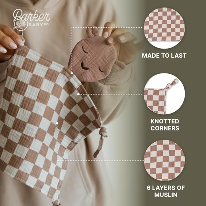Parker Baby Muslin Lovey Security Blanket for Babies | 100% Organic & Hypoallergenic Muslin Cotton | Soft & Safe for Newborns and Toddlers | Travel Friendly Sleep Soother