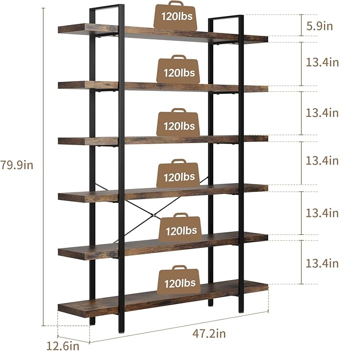 6 Tier Bookcase, 47 Inch Wide Wood Bookshelf, 120lbs Shelf Capacity Estante, Rustic Open Shelving Industrial Display with Reinforced Horizontal Brown Shelves for Living Room Bedroom Office