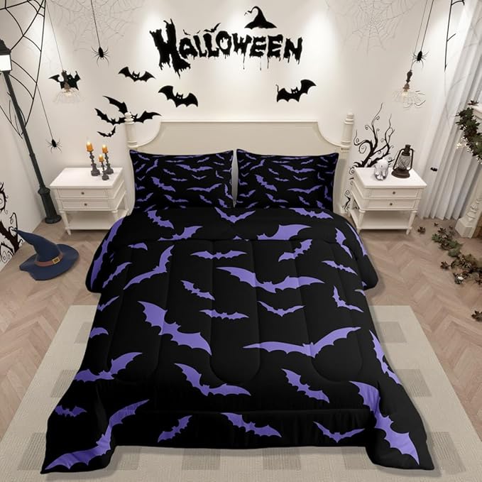 Erosebridal Happy Halloween Comforter Set with 1 Pillow Case Dark Purple Gothic Bats Quilt Toddler Size for Kids Boys Black Spooky Cartoon Gothic Bedding Set