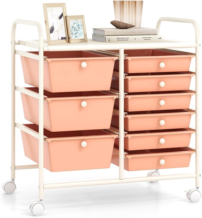 RELAX4LIFE 9 Drawer Rolling Storage Cart - Mobile Drawer Carts for Craft Art Supply Paper Salon, Utility Cart on Wheels for Classroom Teacher School Office, Rolling Cart with Drawers (Pink)