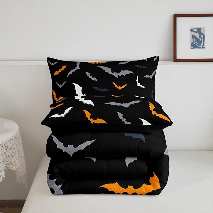 Erosebridal Gothic Halloween Decor Comforter Set - Toddler Size for Kids Boys & Girls - Animal Silhouette Bedding Set with 1 Pillow Case, Orange and Grey Bat Duvet Insert