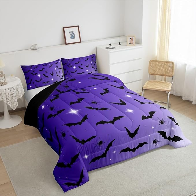Erosebridal Bat Comforter Set Full Size for Kids Galaxy Glitter Bedding Set with 2 Pillow Cases Happy Halloween Quilt Gothic Spooky Down Comforter Purple and Black