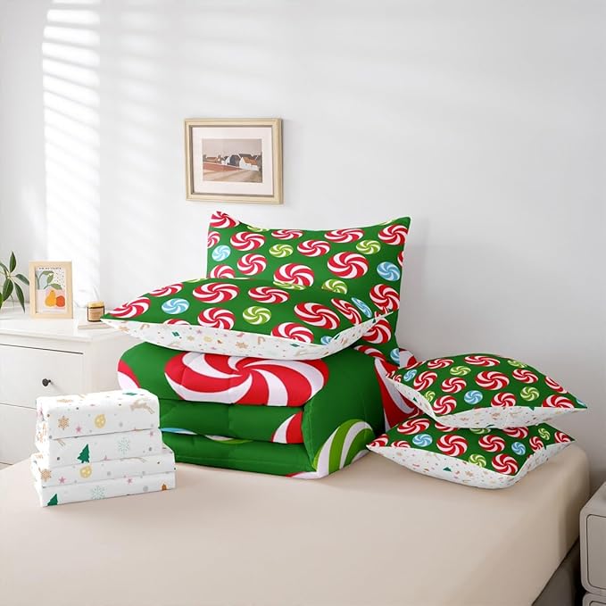 Feelyou Christmas Candy Comforter Set King Size 7 Pieces Cute Swirl Candy Bedding Set for Kids Boys Girls Red and Green Blue Sweet Bed in a Bag Reversible Xmas Decor Bedroom Quilted Breathable Soft