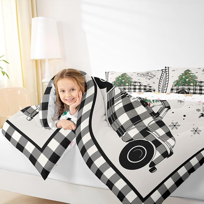 Christmas Truck Kids Comforter Set Queen Size,Snowflake Pines Trees Rustic Bedding,Girls Boys Adults Bedroom/Xmas Cabin Decor,Geometric Grids Lattice Down Comforter,Retro Duvet Insert,2 Pillowcases