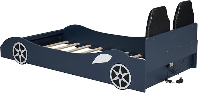 Kids Car Bed Frame Twin Size Car-Shaped Platform Bed with LED Lights and Upholstered Backrest, Solid Wood Car Bed Frame with Wheels and Guardrails for Boys Girls, Blue