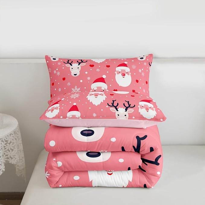 Feelyou Christmas Comforter Set All Season Santa Deer Bedding Set with 1 Pillow Cases Snowflake Microfiber Kids Toddler Bedclothes Bedroom Decor Duvet Quilt Breathable Soft Lightweight