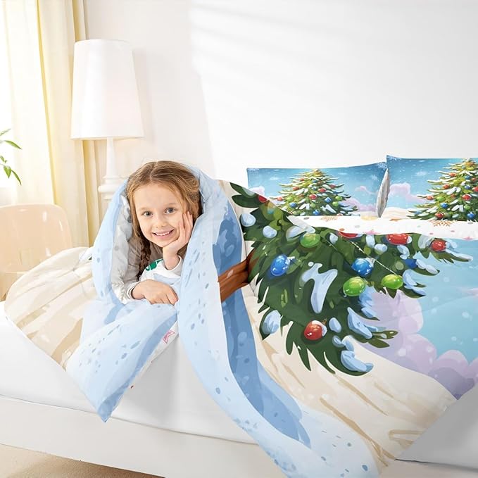 Feelyou Christmas Bedding Set Soft for Boys Girls, Xmas Tree Comforter Set Queen Size Christmas Tree Ornaments Duvet Quilt Microfiber Winter Snowflake Bedroom Decor 3 Pcs with 2 Pillow Cases