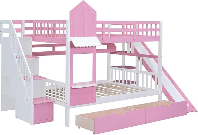 MERITLINE Full Over Full Castle Bunk Bed with Slide,Stairs and Drawers,Solid Wood Floor House Princess Bunk Bed with Storage Shelves (Pink,Full Over Full)