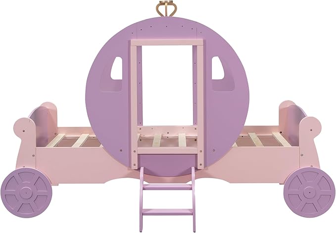 Twin Size Princess Carriage Bed Frame for Boys Girls Kids Toddler with Crown, Wood Platform Car Bed with Stair, Purple+Pink