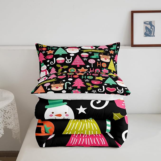 Merry Christmas Kids Comforter Set King Size,Cartoon Santa Claus Snowman Xmas Bedding Set,Boys Girls Adults Room Decor,Christmas Trees Deer Cute Down Comforter,Colorful Duvet Insert,2 Pillowcases